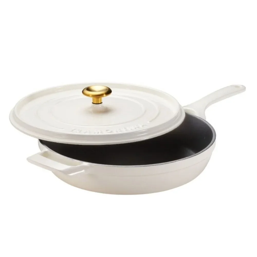 Tramontina 12 Inch Enameled Cast Iron Skillet & Covered Lid • White / Gold • New